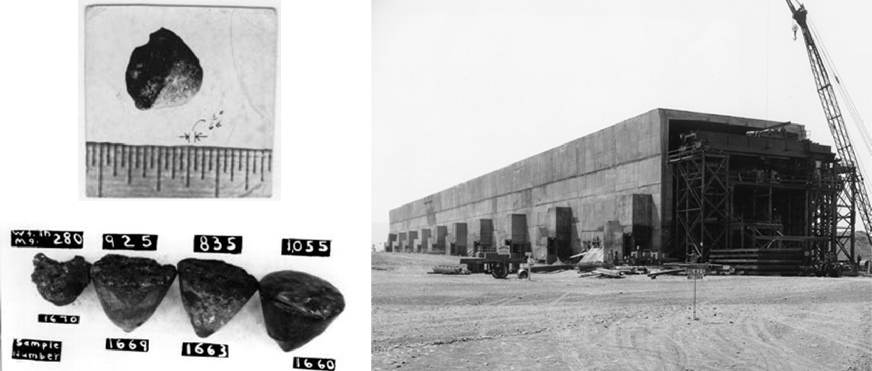 Left: Plutonium metal samples. Right: A photo of the exterior of the Hanford T Plant.